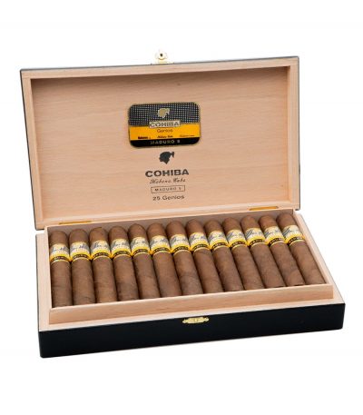 Cohiba Maduro 5 Genios 25’li ahşap puro kutusu, açık görünüm