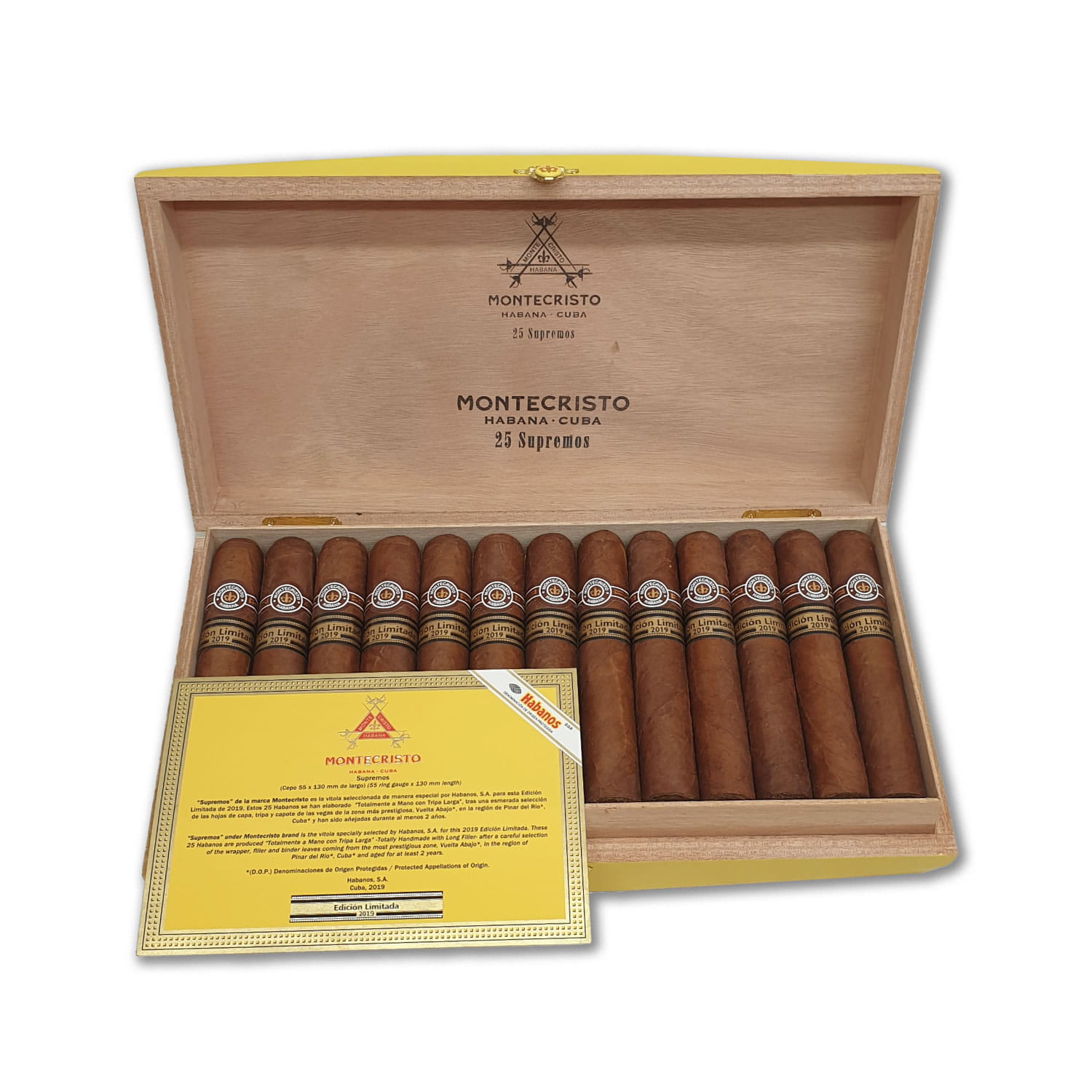 Montecristo Supremos EL 2019 25’li açık kutu Montecristo Supremos Edición Limitada 2019 25’li ahşap kutu açık görünüm